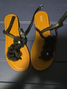Mixit Black Floral T-Strap Sandals with Tan Footbed